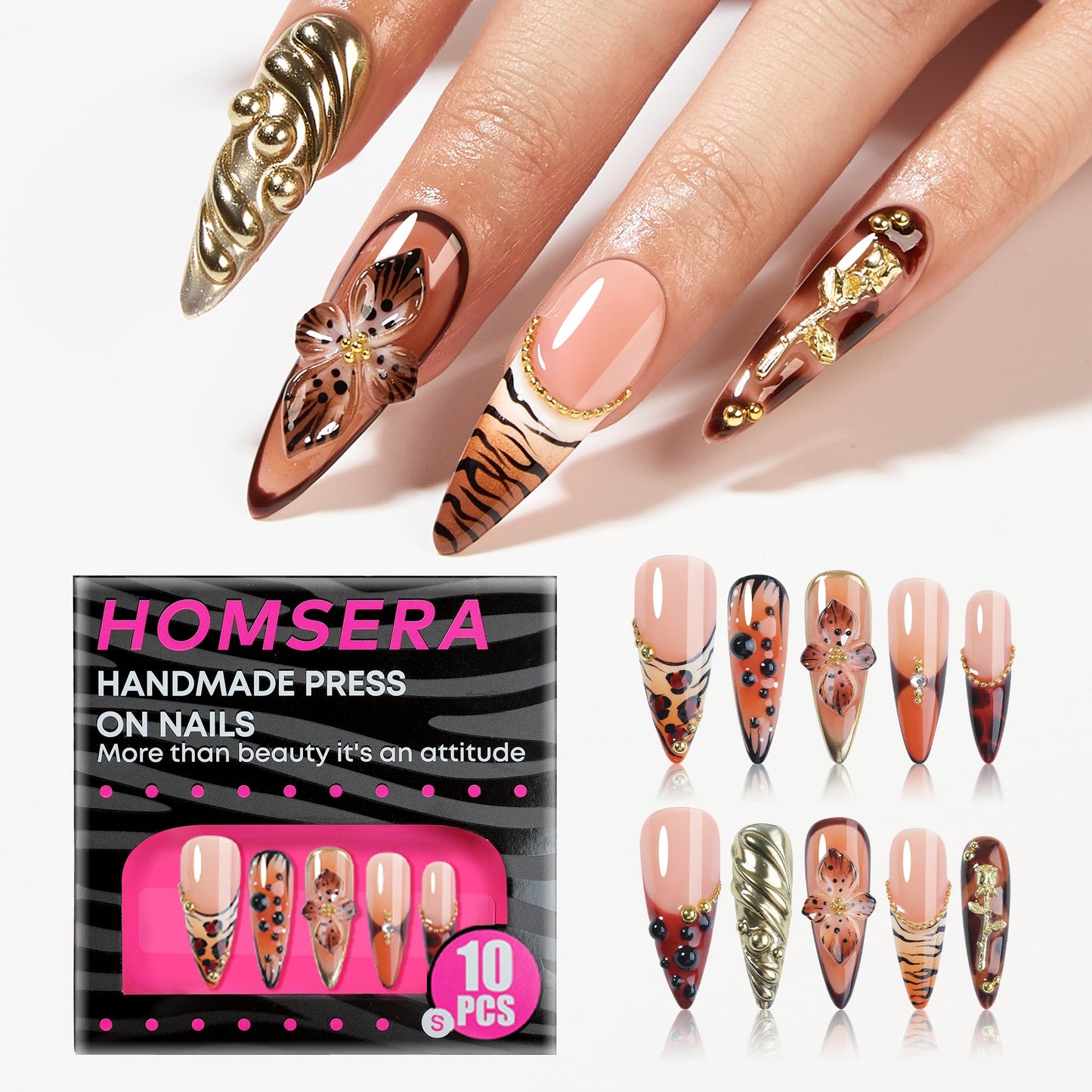 Homsera Handmade Press on Nails - Almond Stiletto Press on Nails with Flower Texture/Rhinestone/Metal Decor Reusable False Nails for Women