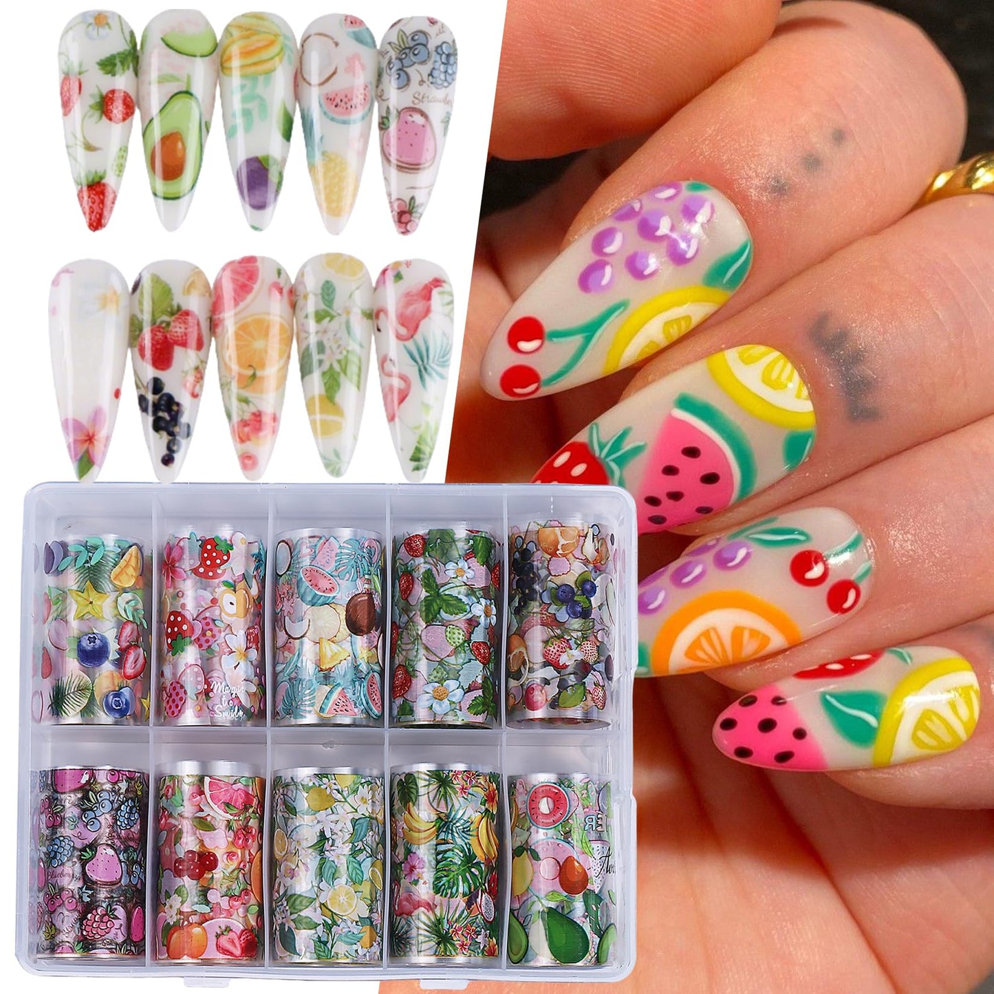 Flower Fruit Nail Transfer Foils 20 Rolls Summer Tropical Fruits Floral Theme Nail Art Foils Blueberry Strawberry Daisy Starry Sky Paper Full Cover Wraps Manicure Decoration Supplies for Women