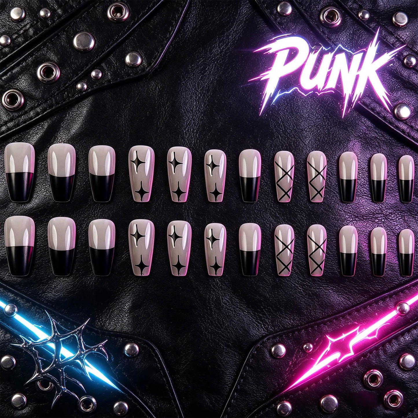 Grunge Star Press on Nails Glossy Gray Fake Nails Black French Tips False Nail Medium Coffin Lattice Pattern Stick on Artificial Fingernails for Daily Wear