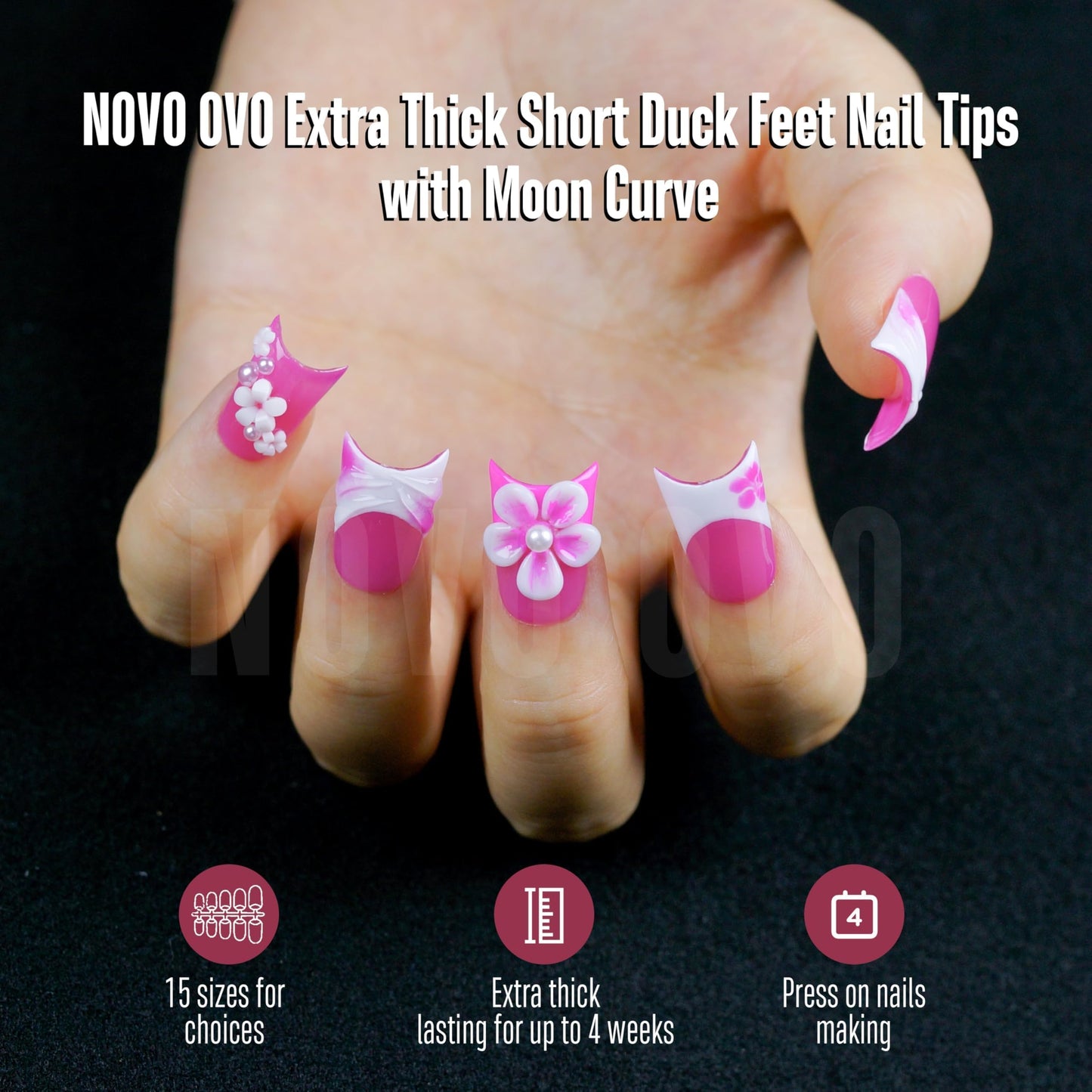 NOVO OVO Halloween Extra Thick Short Duck Feet Nail Tips with Moon Curve Full Cover Press on Acrylic, Clear Pre-Etched Matte Flare Wide French Soft Gel Fake False Nail Extension x 15 Sizes 510 pcs