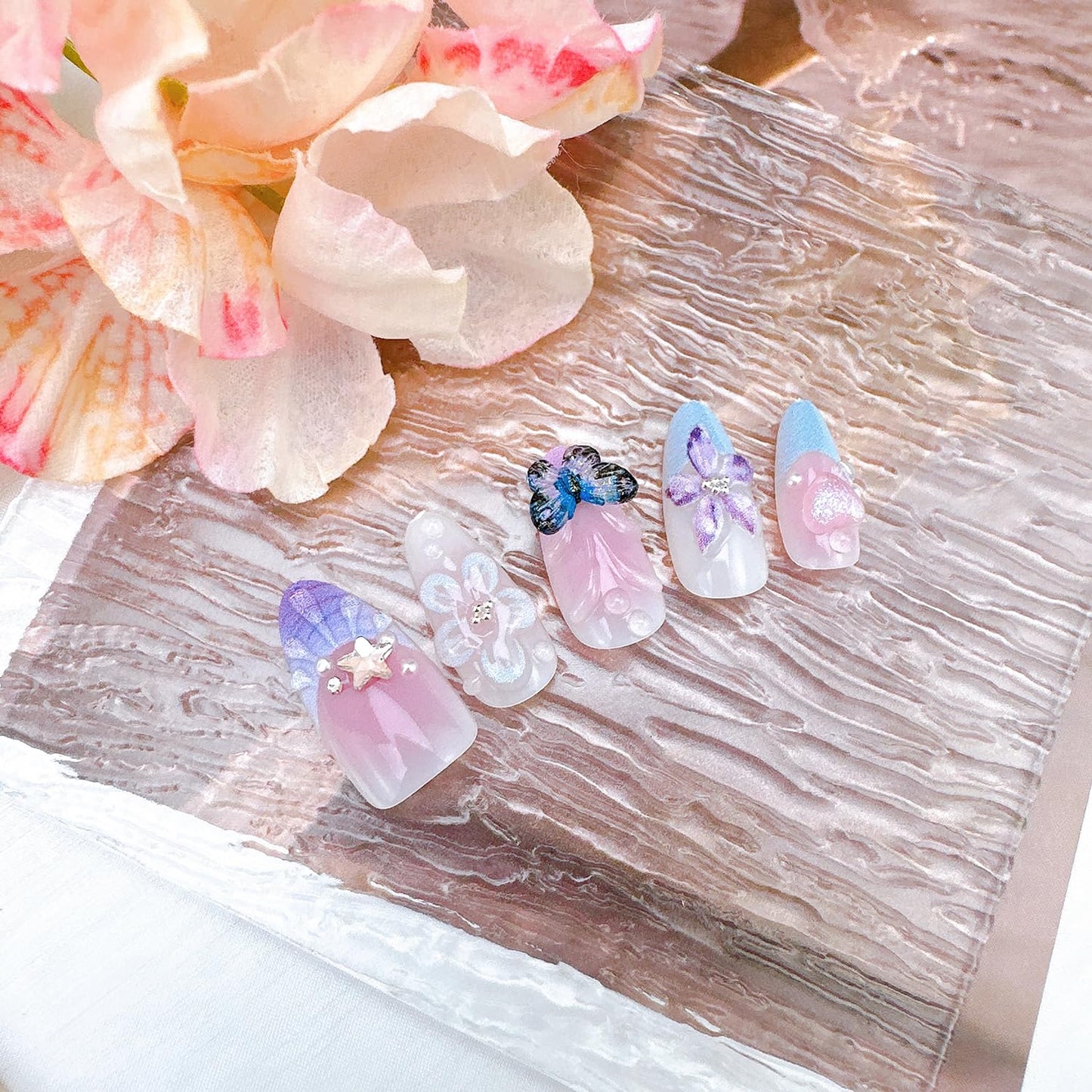 30Pcs Spring Butterfly Press on Nails Medium Almond Purple French Tip Fake Nails with Butterflies Rhinestones Cute Flower Acrylic Nails Spring False Nail Set Floral Full Cover Stick on Nails for Women