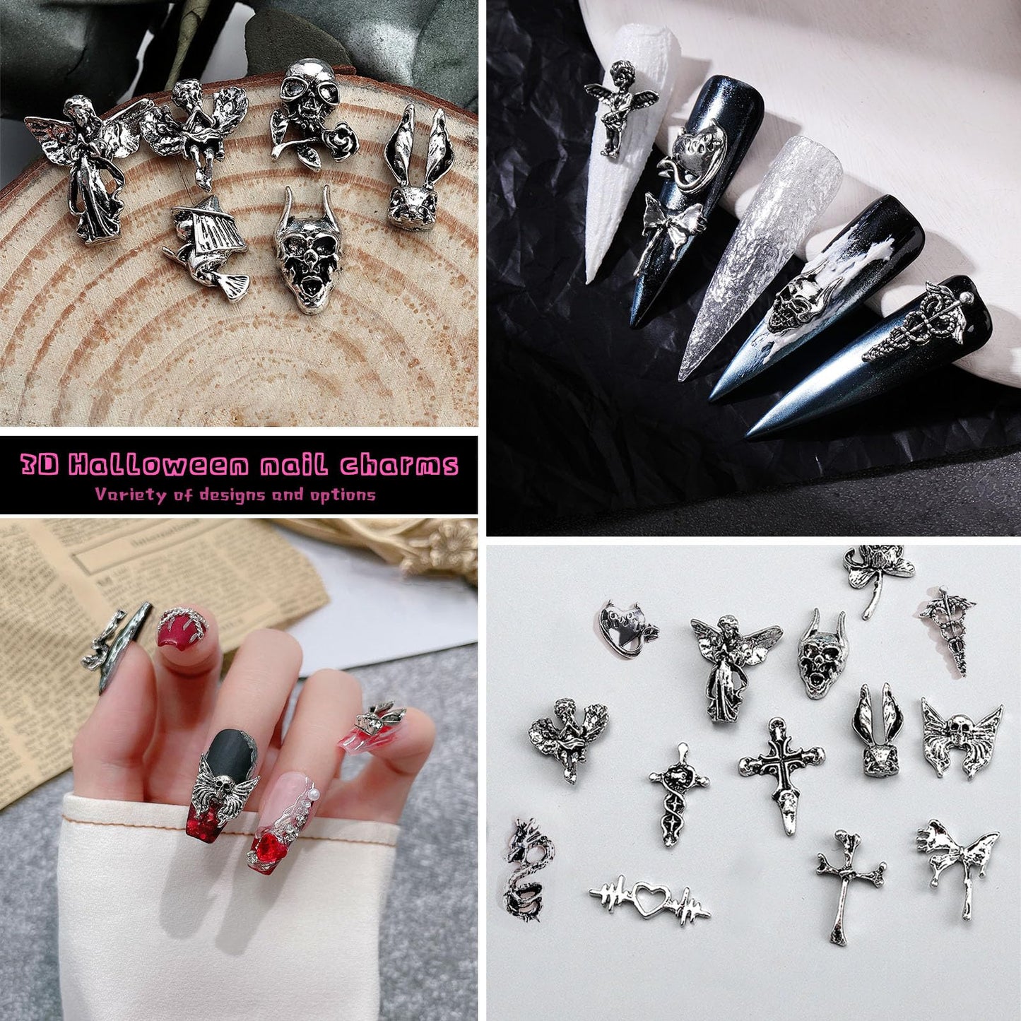 130pcs 3D Silver Goth Nail Charms Y2K Chrome Nails Art & DIY Punk Bracelet Accessories, Vintage Alloy Cross Butterfly Heart Skull Acrylic Charm for Women Nails, Metal Necklace Supplies