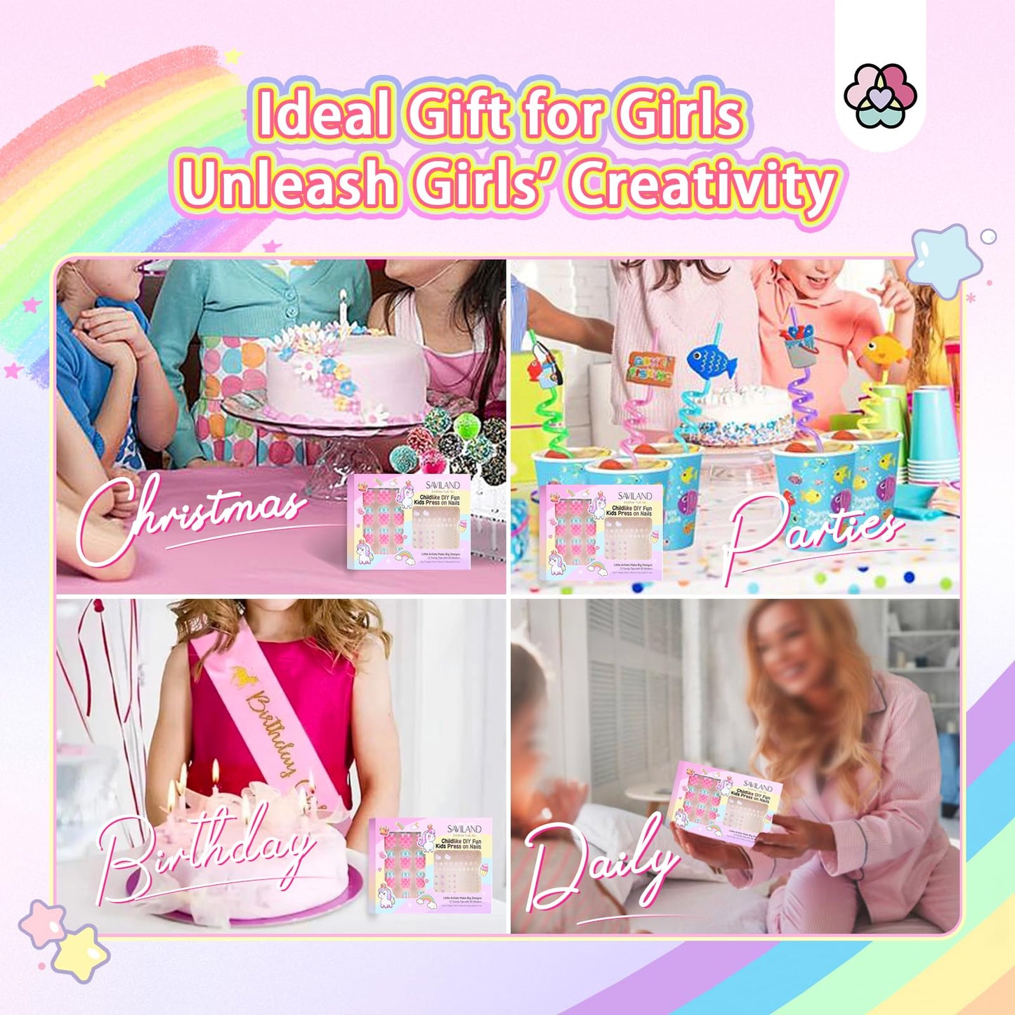 SAVILAND Creative Press on Nails for Kids: 6 Pack Children Fake Nails with 3D Stickers for 8-12 Years Girls Gifts Pre-Glue Full Cover Short Acrylic Nails Artificial False Nail Tips Nail Art Decoration