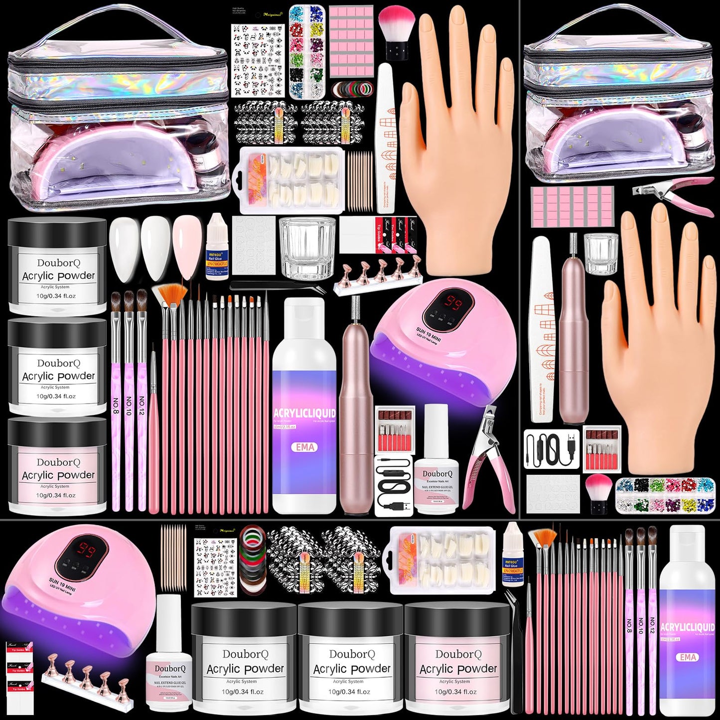Acrylic Nail Kit for Beginners with Everything include Practice Hand Set with Powder,Drill U V Light in Silver Cosmetic Bag for Women Home Salon