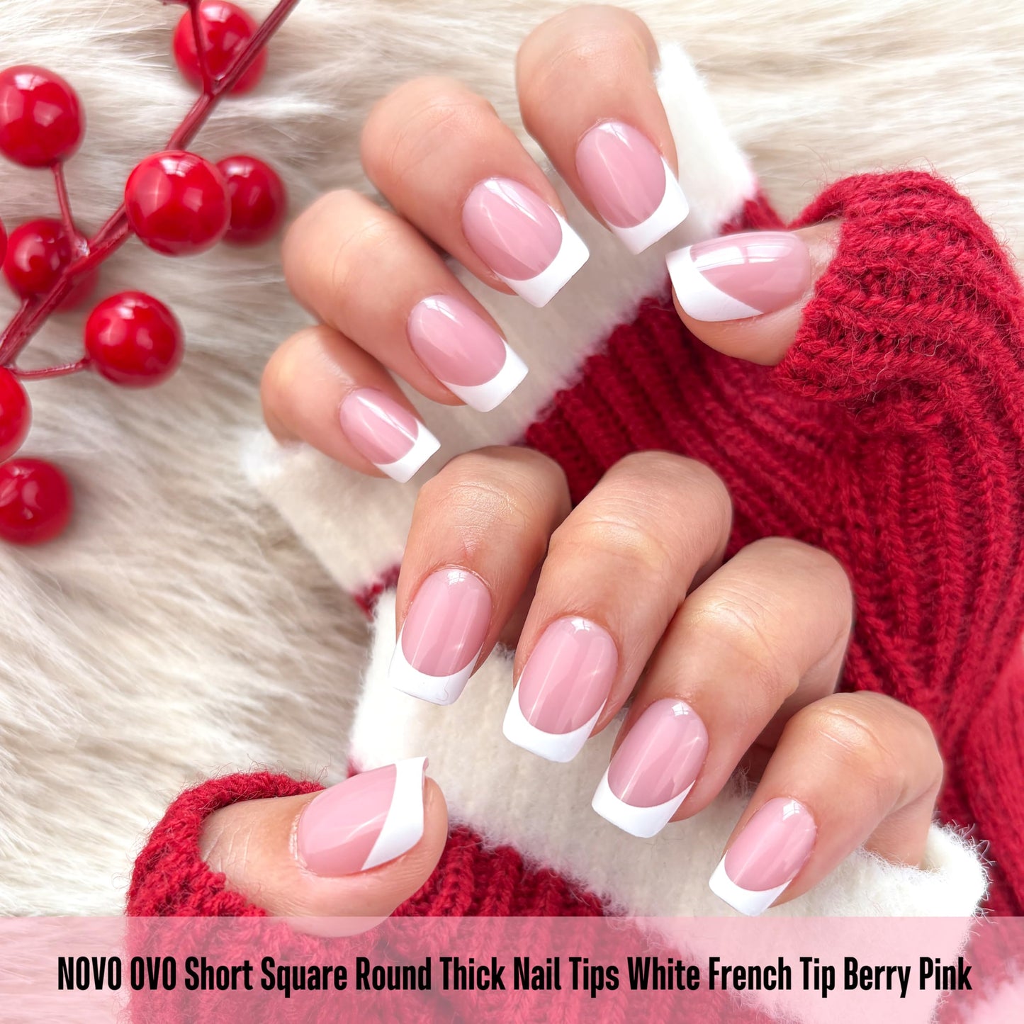NOVO OVO Short Square Round White French Tip Nail Tips Press on BERRY PINK, Extra Thick Full Cover False Fake Nails, Need Builder Gel Top Coat & Glue, for Salon DIY Acrylic Extension x15 Sizes 240 pcs