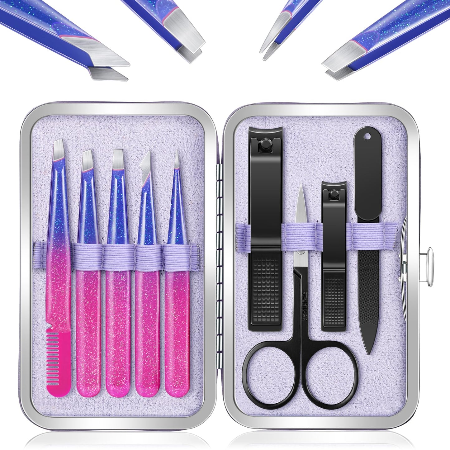 MORGLES Eyebrow Tweezers for Women and Nail Clipper Set with Travel Case Precision Tweezers for Facial & Ingrown Hair Removal with Scissors