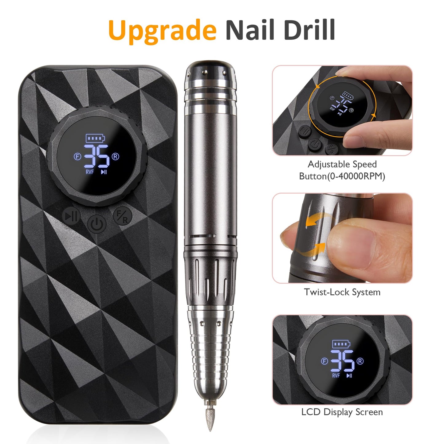 Sunvivi Professional Electric Nail Drill 40000RPM, Portable & Rechargeable Cordless Nail File Machine with 11 Drill Bits for Acrylic Nails Shaping, Polishing & Removing Gel Nails Home & Salon Use