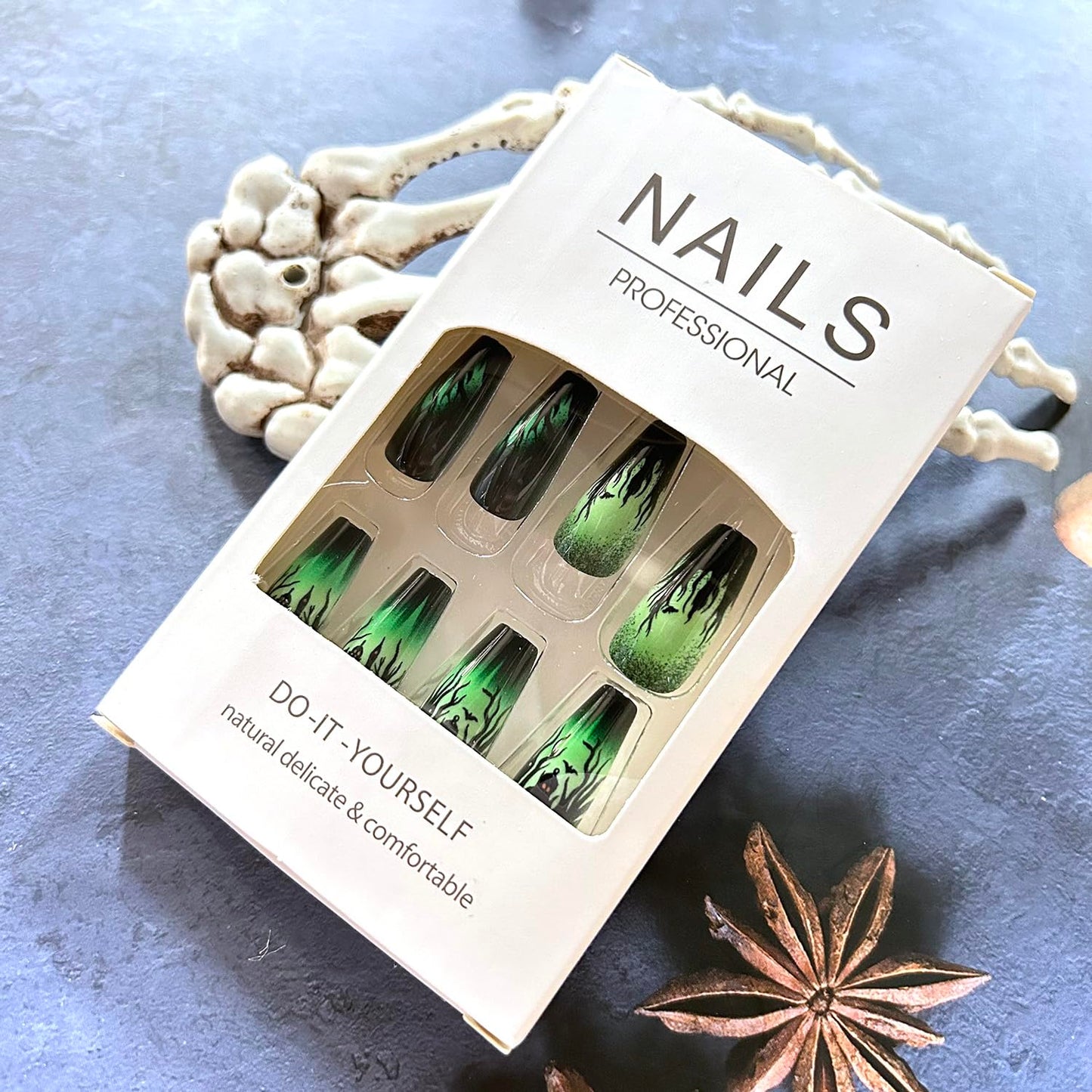 Halloween Press on Nails Long Ballet Shaped Bat Pumpkin False Nails Full Cover Artificial Acrylic Fingernails Castle Design Green Halloween Nail Glossy Festivla Glue on Nails for Women Supplies
