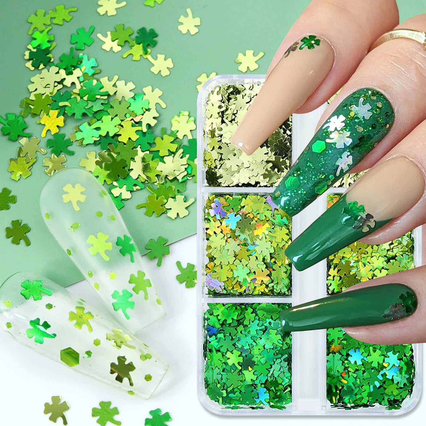 St. Patrick's Day Nail Art Glitters Kit - 3D Sparkling Four-Leaf Clover Design Green Shamrock Nail Glitter Flakes Irish Lucky Shaped Nail Sequins for Women Spring Manicure Decor DIY Accessories Crafts