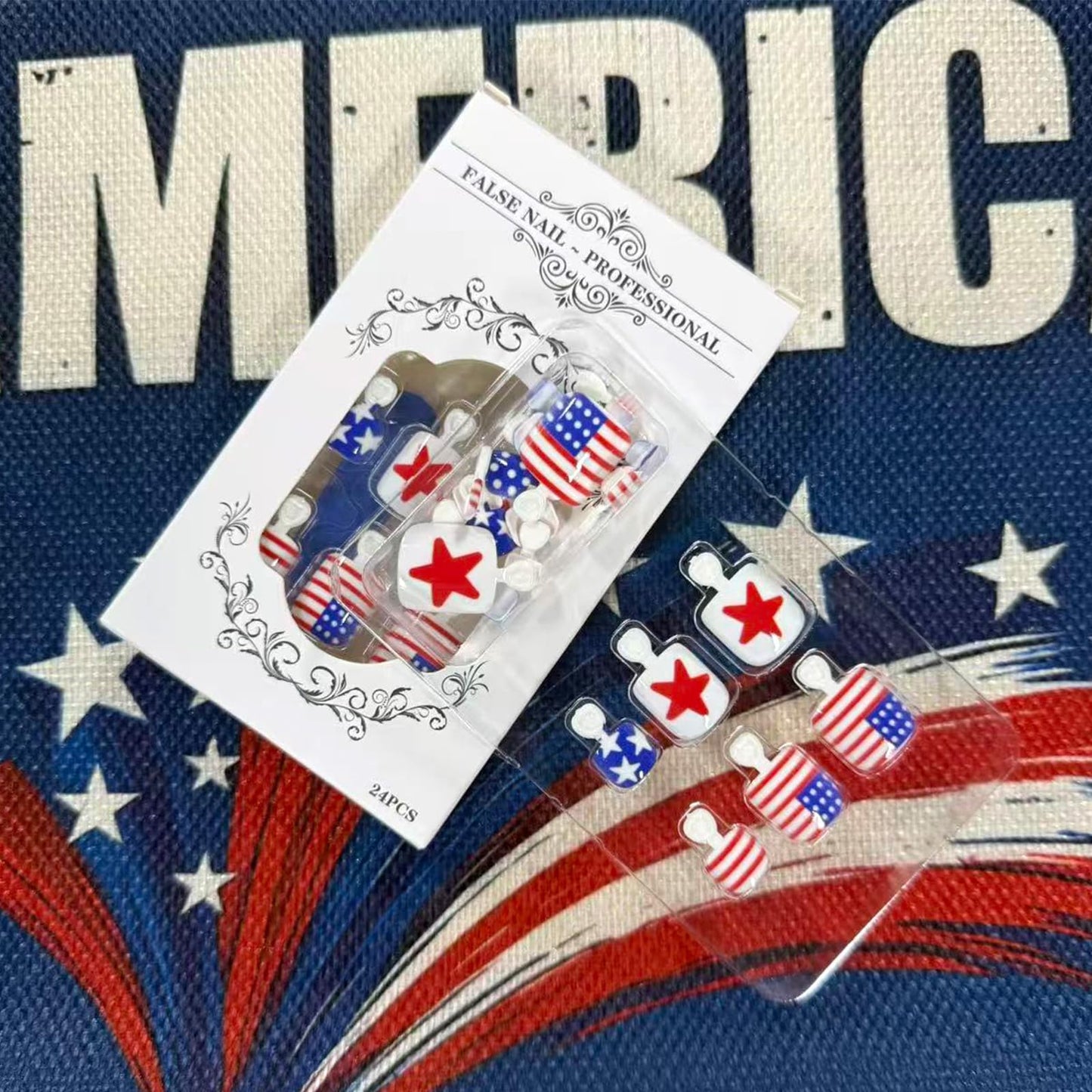 4th of July Press on Toenails Short Square Fake Toe Nails Red Blue Star Toenail Press ons Summer Independence Day Toe Press on Nails Full Cover Reusable Stick on Toenails for Women 24Pcs