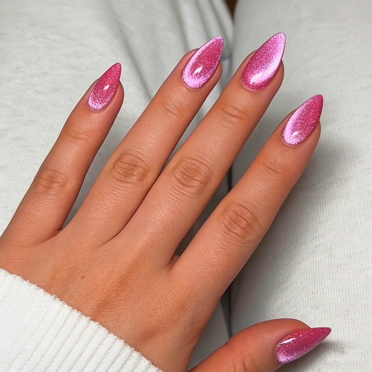 KQueenest Bright Hot Pink Cat Eye Press on Nail Almond, 30 Pcs 15 Sizes Shiny Sparkle Fake Nails Press on Medium Stiletto, Custom Thick Quality, Reusable Cute Glue on Nail for Women Summer Party