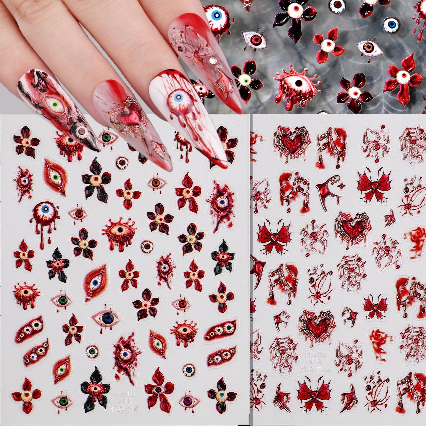 Halloween Nail Stickers for Nail Art 2 Sheet, Red Hibiscus Flowers Evil Eye Nail Decals 5D Embossed Spider Web Bat Design Stickers Halloween Nail Supplies for Women Girls DIY Nail Decorations