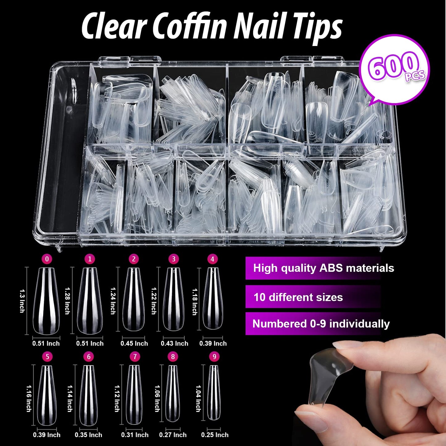 Teenitor 600 Pcs Clear Coffin Nail Tips, Acrylic Nail Kit, Clear Press On Nails, Long Fake Nails Coffin Nail Tips Full Cover, Acrylic Nail Clipper Nail Stand for Nail Extensions
