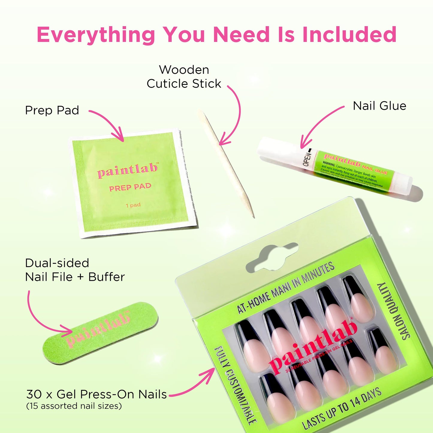 PaintLab Press On Nails - Black Swan French Coffin Fake Nails, 30 Nails in 15 Sizes with Glue, Reusable Salon Quality Press On Nails