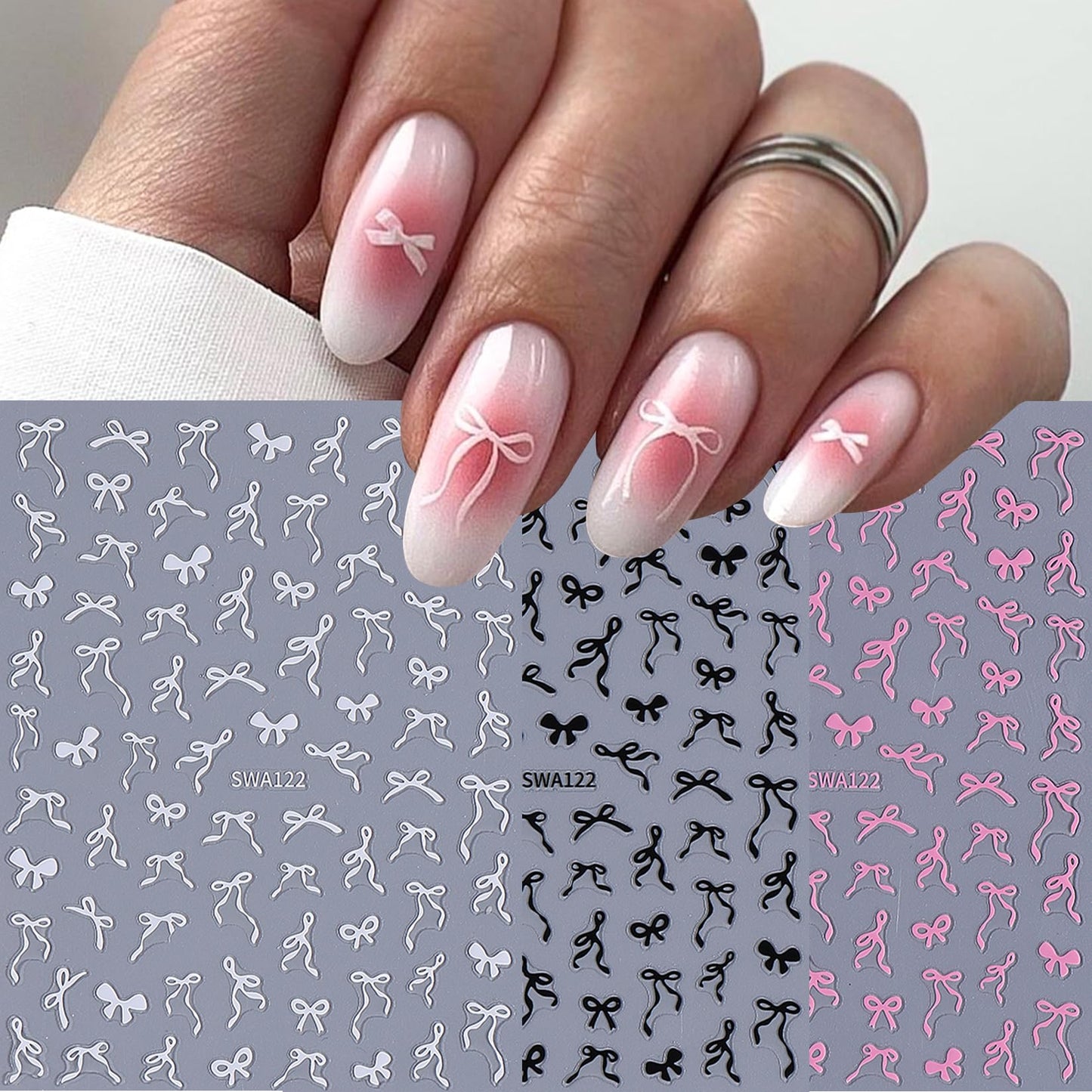 Bow Nail Art Stickers Decals 16 Sheets Red Ribbon Stickers for Nails Cute Gold Silver Pink Black White Bows Decals 3D DIY Self-Adhesive Nail Designs Manicure Decorations Accessories for Women
