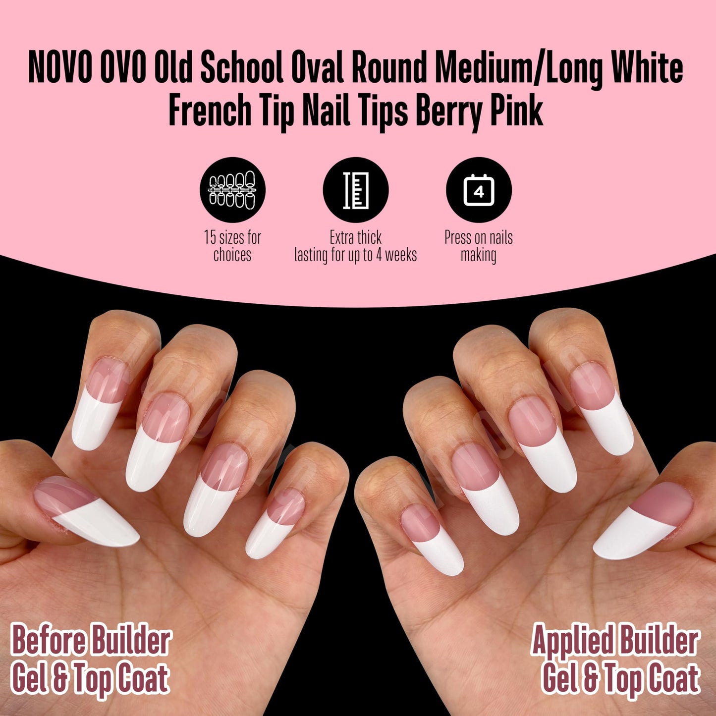 NOVO OVO Old School Oval Round Medium Long White French Tip Nail Tips Press on BERRY PINK, Extra Thick Soft Gel Fake Nail Acrylic Extension,Need Builder Gel Top Coat,No Glue Included,15 Sizes 240 pcs