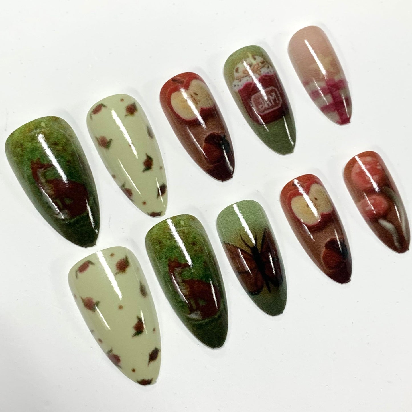BABALAL Press On Nails, Medium Almond Fake Nails, Forest With Mushroom Apple & Butterfly, Colorful Anime Y2k Glue On Nails For Women And Girls 24Pcs