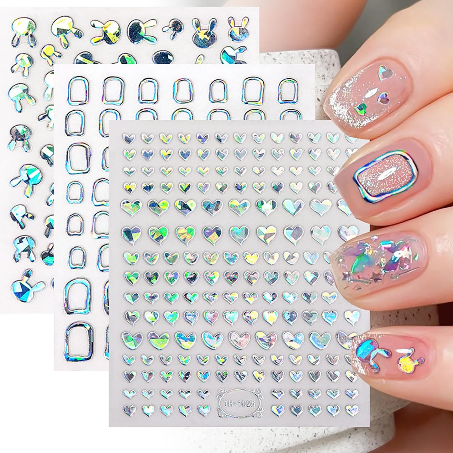 9 Sheets 3D Self-Adhesive Flower Love Nail Art Stickers Moon Stars Lines and Cute Rabbit Design Nail Decals Holographic Laser Nails Stickers Decoration Suitable Women Daily DIY Manicure Supplies Set