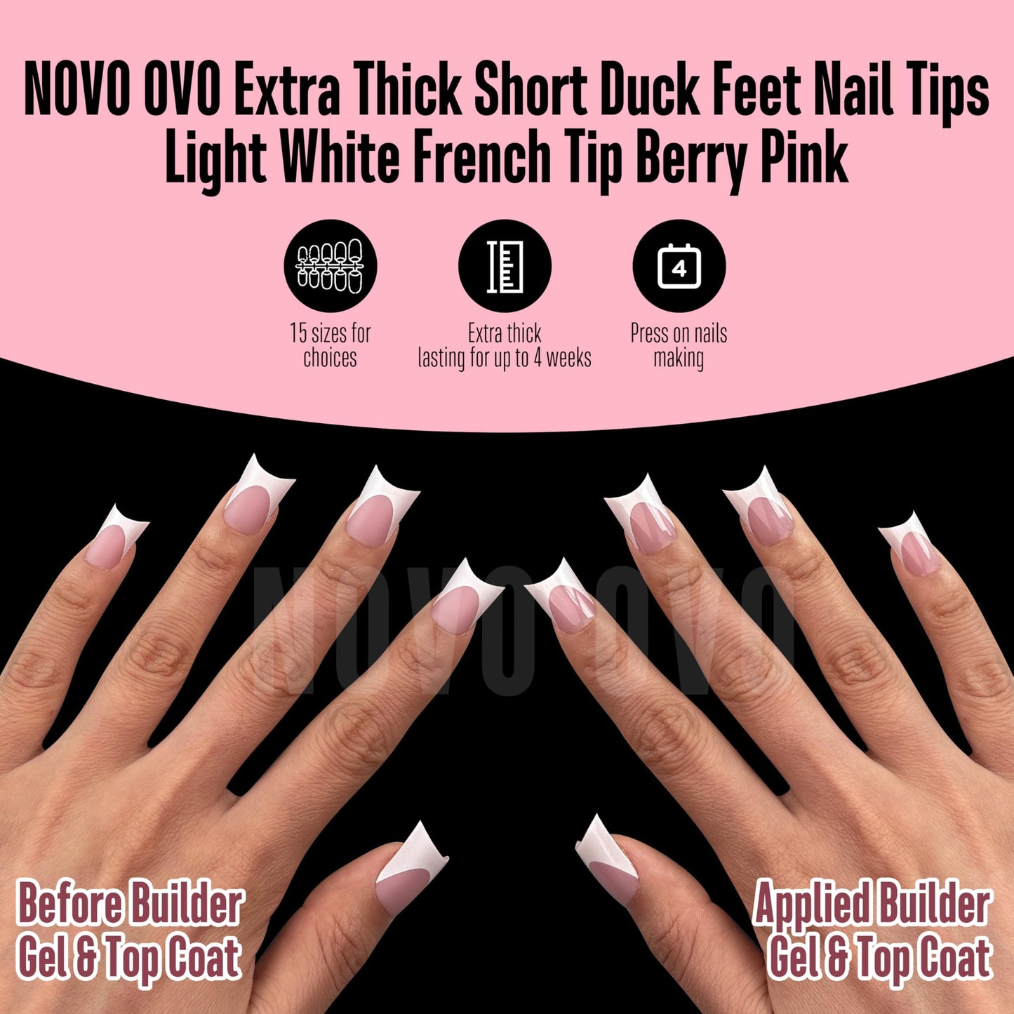 NOVO OVO Duck Nails Short with Moon Curve Light White French Tips BERRY PINK Full Cover for Press on Acrylic, Thick Flare Wide French Soft Gel Fake False Nail Extension x 15 Sizes 240 pcs