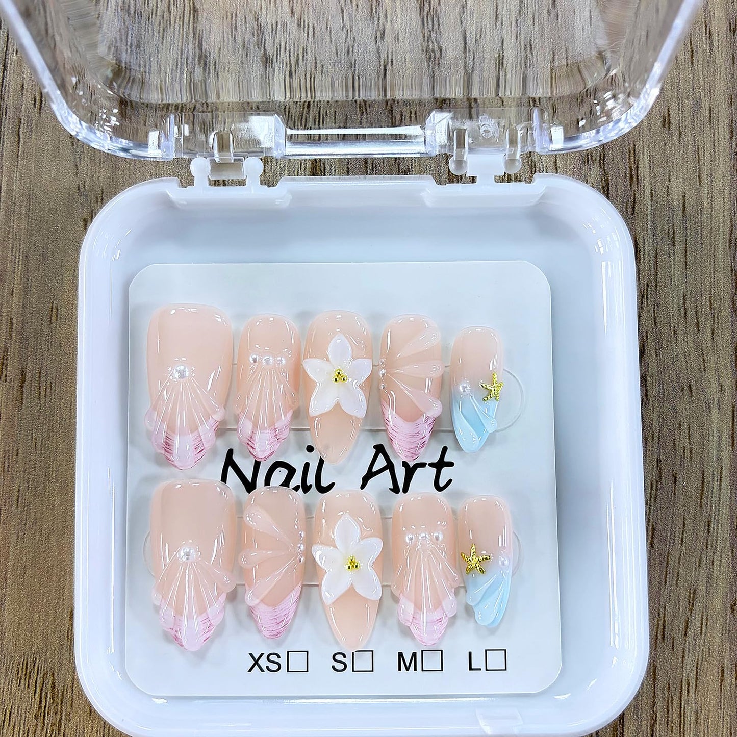 Threelegscat Pink Press on Nails Medium Almond 3D Flower& Starfish with Design Handmade Reusable Fake Nails for Woman Daily &party Size M 10PCS