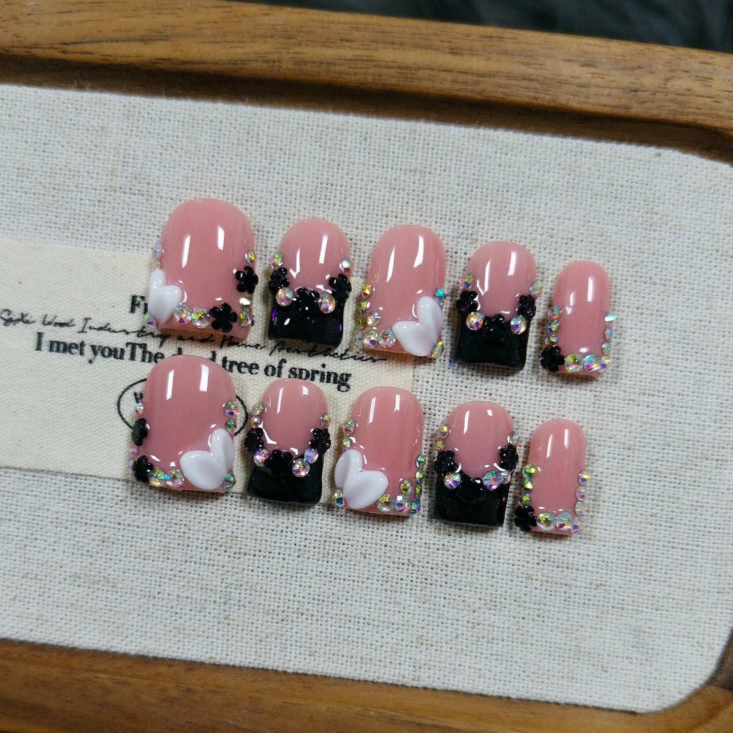 TENPAL Short Squoval Square Press on Nails - Nude Pink French Ombre Black White with Glitter Carving Florals| Icy Glossy Sweet Edge Style False Nails(M)