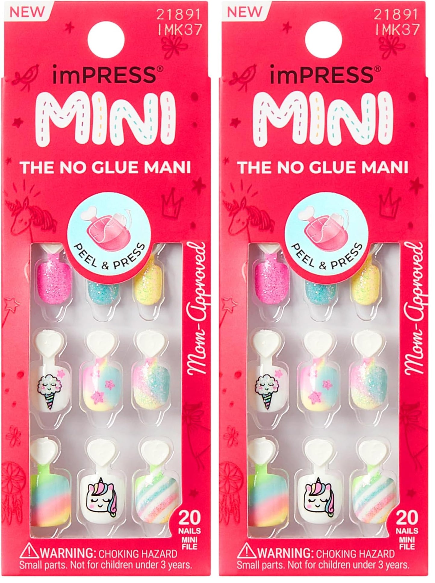 KISS imPRESS No Glue Mani Press On Nails, Mini, 'Berry Best', Multicolor, Kids Size, Squoval Shape, Includes 20 Nails, 1 Mini File (Pack of 2)