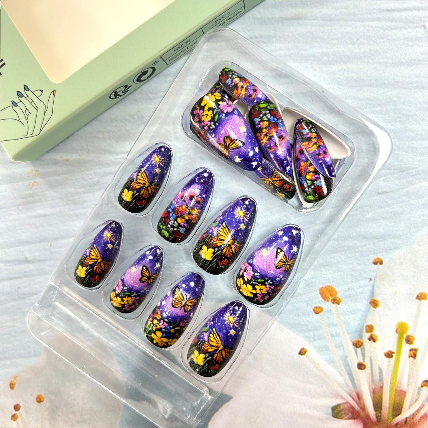 CJDLTS Purple Press on Nails Almond Medium Butterfly Colorful Flower Pattern Design Full Cover Glossy Acrylic Fake Nail Spring Blossom Stick on Nail 24Pcs DIY Press Ons Glue on Nails for Women
