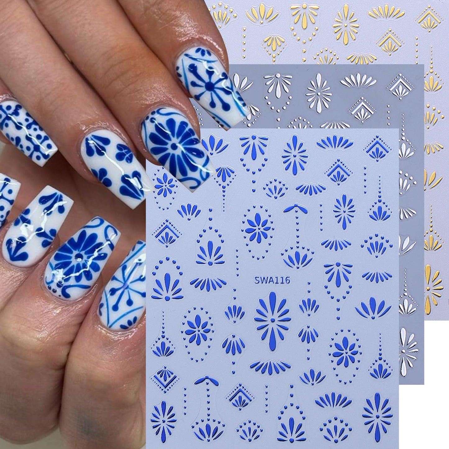 Bohemian Stickers for Nail Art 12PCS Boho Styles Nail Decals Blue Totem Gothic Nails Art Desigsn Metallic Gold Silver Star Self-Adhesive Sliders for Gel Polish Acrylic Supplies DIY Manicure Decor