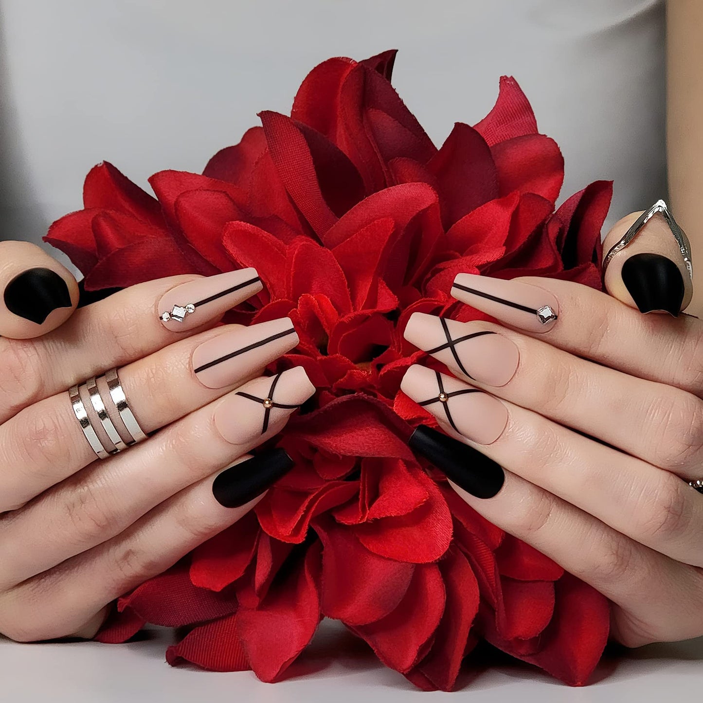 Hypnaughty 24 Pcs Monaco Black Matte and Nude Luxury Design with Rhinestones Coffin Press on Nails with Glue Medium Long Reusable Fake Nails (Monaco)