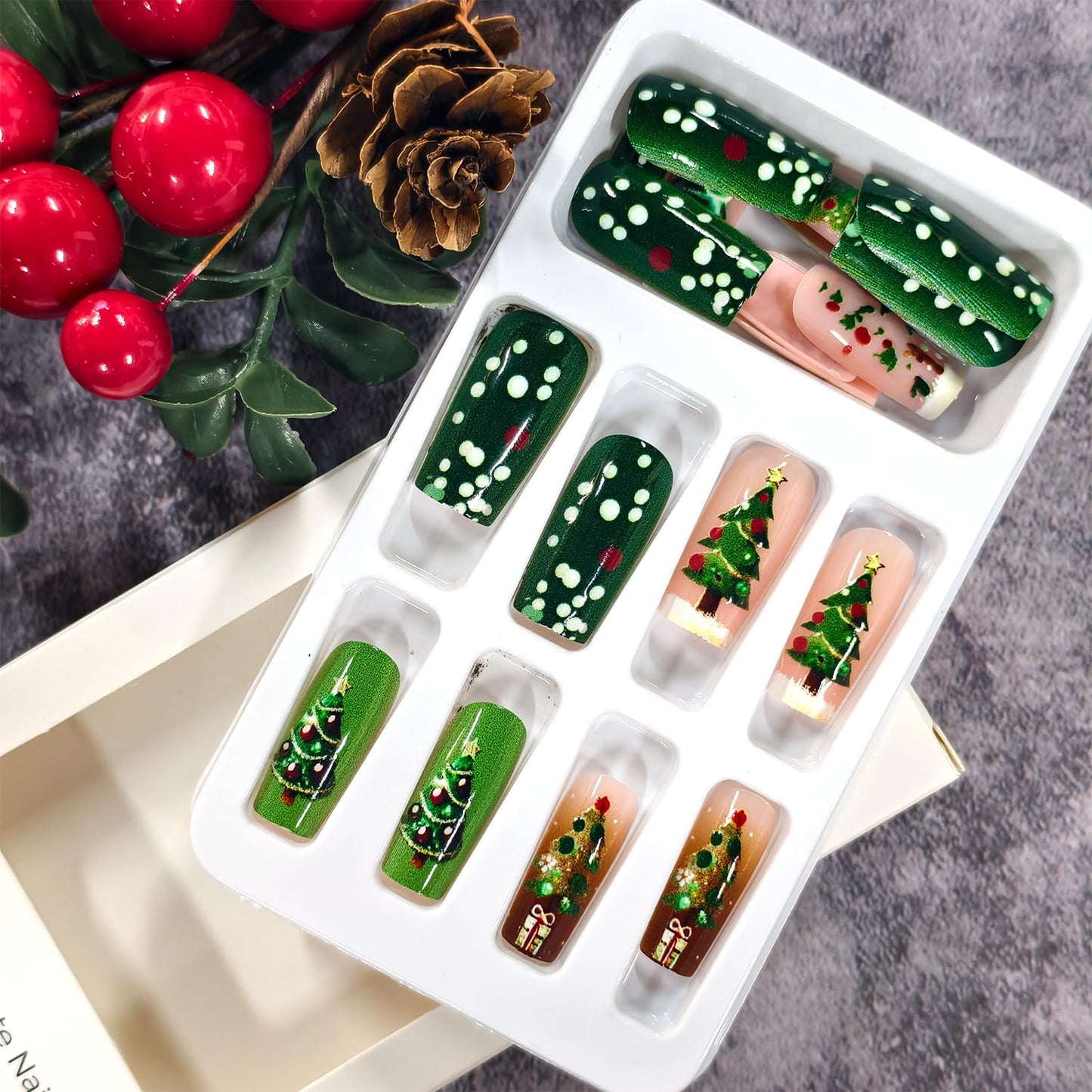 CJDLTS Christmas Press on Nails Medium Artificial Ballet Acrylic False Nails French White Tip Xmas Fake Nail Christmas Trees Stick on Nail Full Cover Winter Artificial Fingernails for Women Manicure