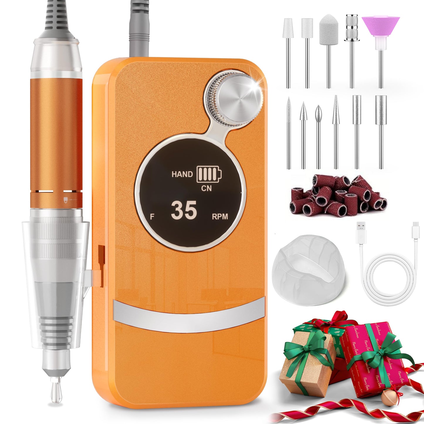 Electric Nail Drill Professional, Portable Rechargeable 35000 RPM - Cordless Electric Nail File Machine Kit for Acrylic Gel Polishing Removing, Manicure at Home DIY & Salon (Orange)