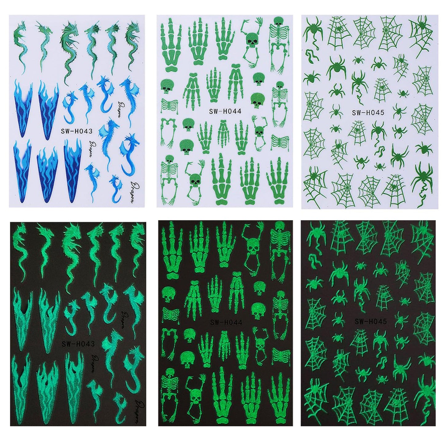 6 Sheets Halloween Nail Art Stickers 3D Self -Adhesive Luminous Skeleton Head and Hand Nail Decals Holographic Spider Web Snake Nail Stickers Halloween Nail Decoration for Women Manicure Supplies