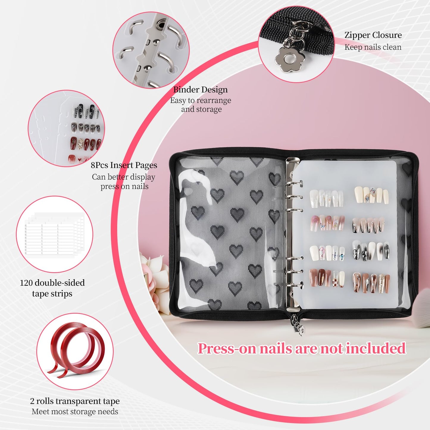ASTONFOG Press On Nail Storage Organizer Binder with 8 Insert Pages - A5 Size & Double Sized Tapes, Press on Nails Display Storage Book, Reusable Fake Nail Swatch Collecting Book (Black)