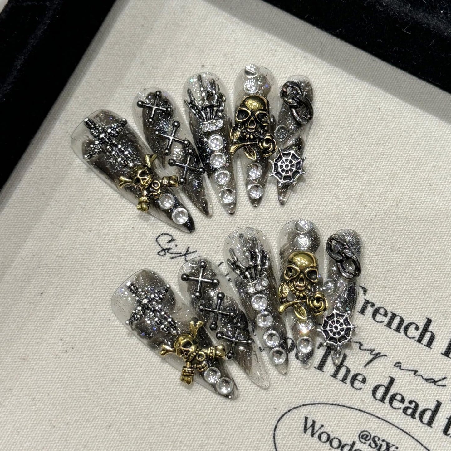 Halloween Press on Nails Handmade Press on Nails Long Almond Fake Nail Skeleton False Nail with Spider Web and Rhinestones Designs Full Cover Glue on Nails Glossy Halloween for Women (Size M)