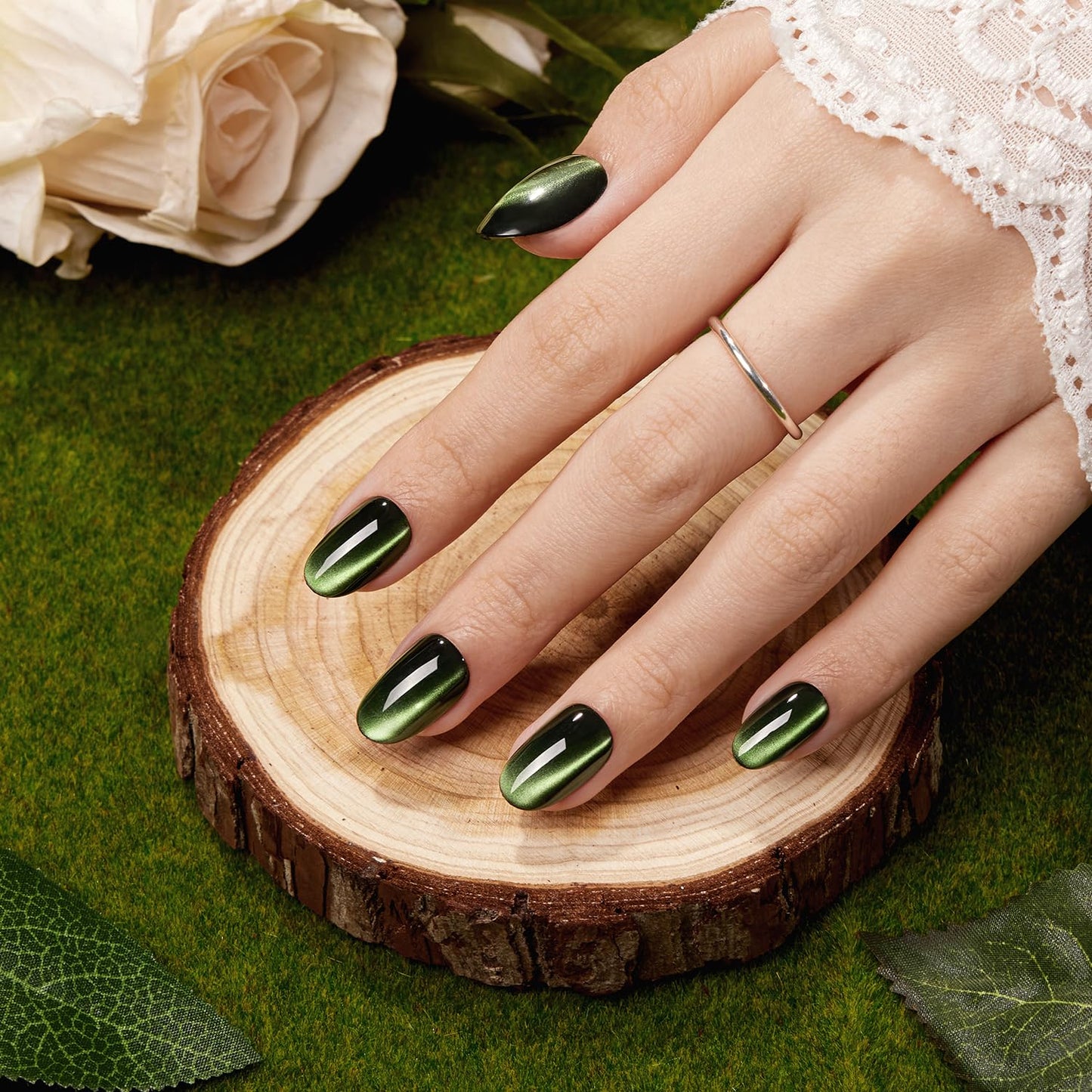 VSALON Press on Nails Short Oval - Dark Green Cat Eye Holographic Glitter Spring Fake Nails, Reusable Opaque Gel Glue on Nails with Glue & Cuticle Oil - 32 PCS Stick on Nails in 16
