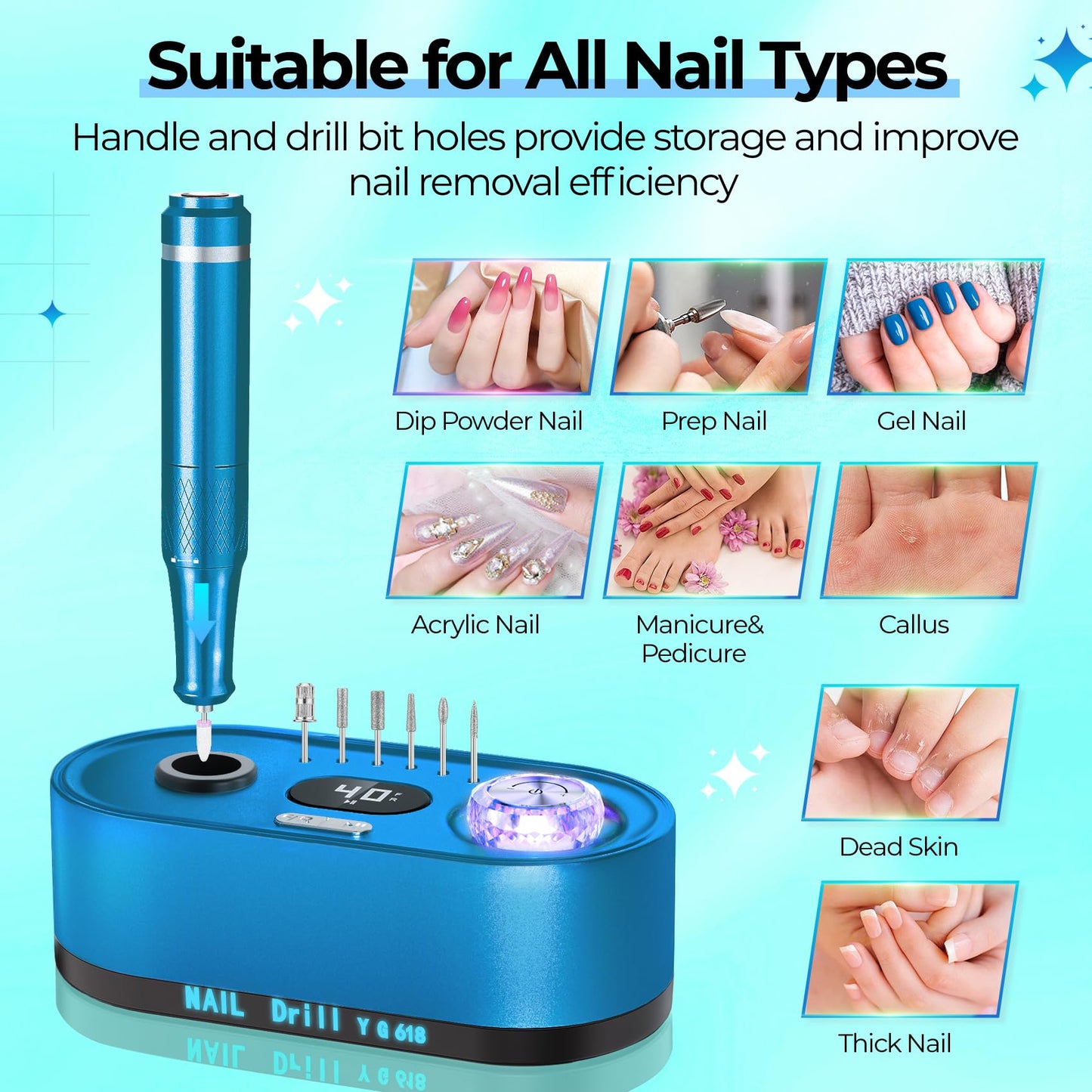 JOSGLOI Electric Nail Drill Professional: 40000RPM Electric Nail File Kit E File Nail Drill Machine with LCD Display for Acrylic Gel Nail, Manicure Pedicure Polishing Nail Grinder for Salon Home Use