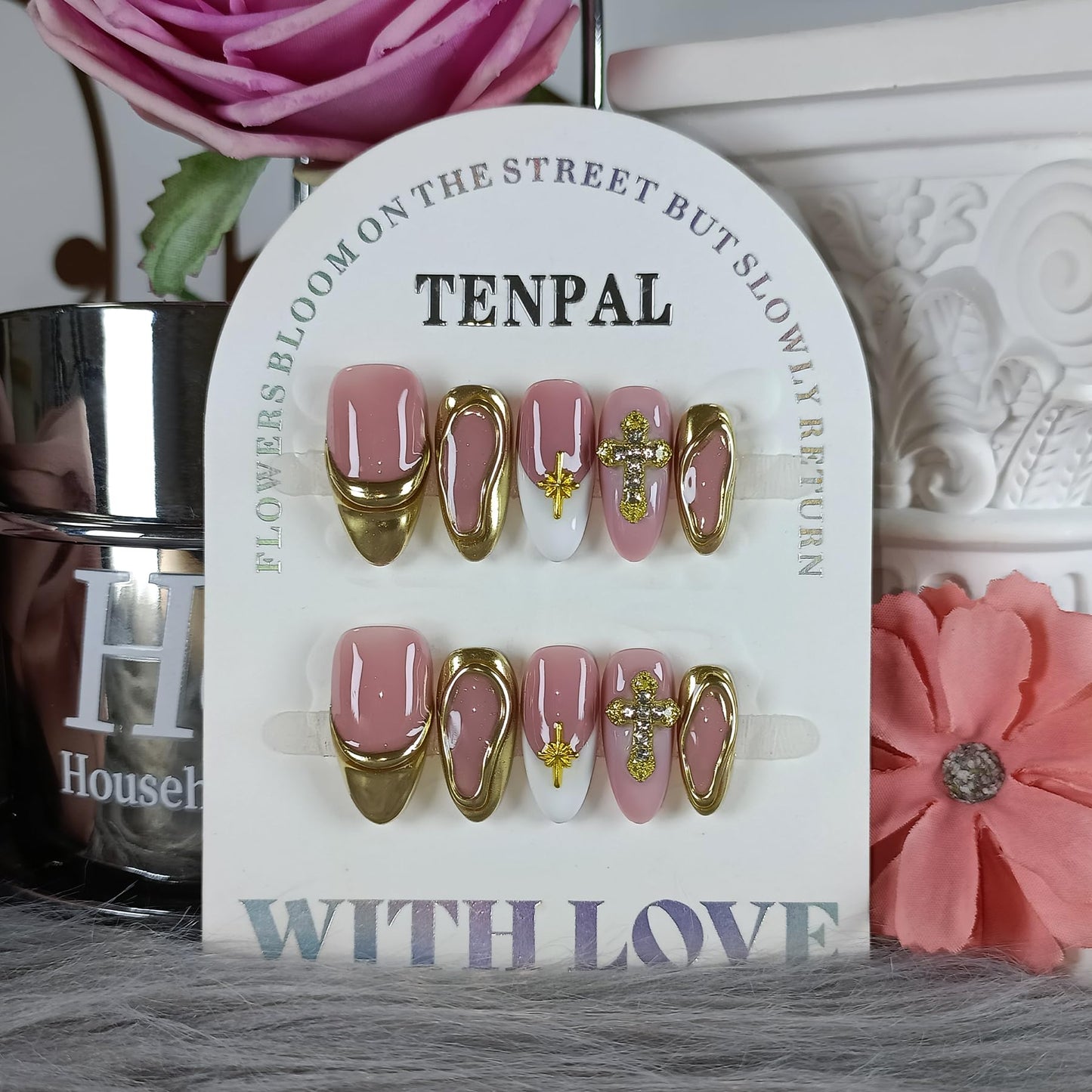 TENPAL 10Pcs Handmade Press On Nails Almond With Tools,Acrylic Icy Platinum French Tips Fake Nails with 3D Metal Cross,Glossy Y2K Blush Glitter Edgy Sweet Glue on Nails for Women,Gold French Nails(L)