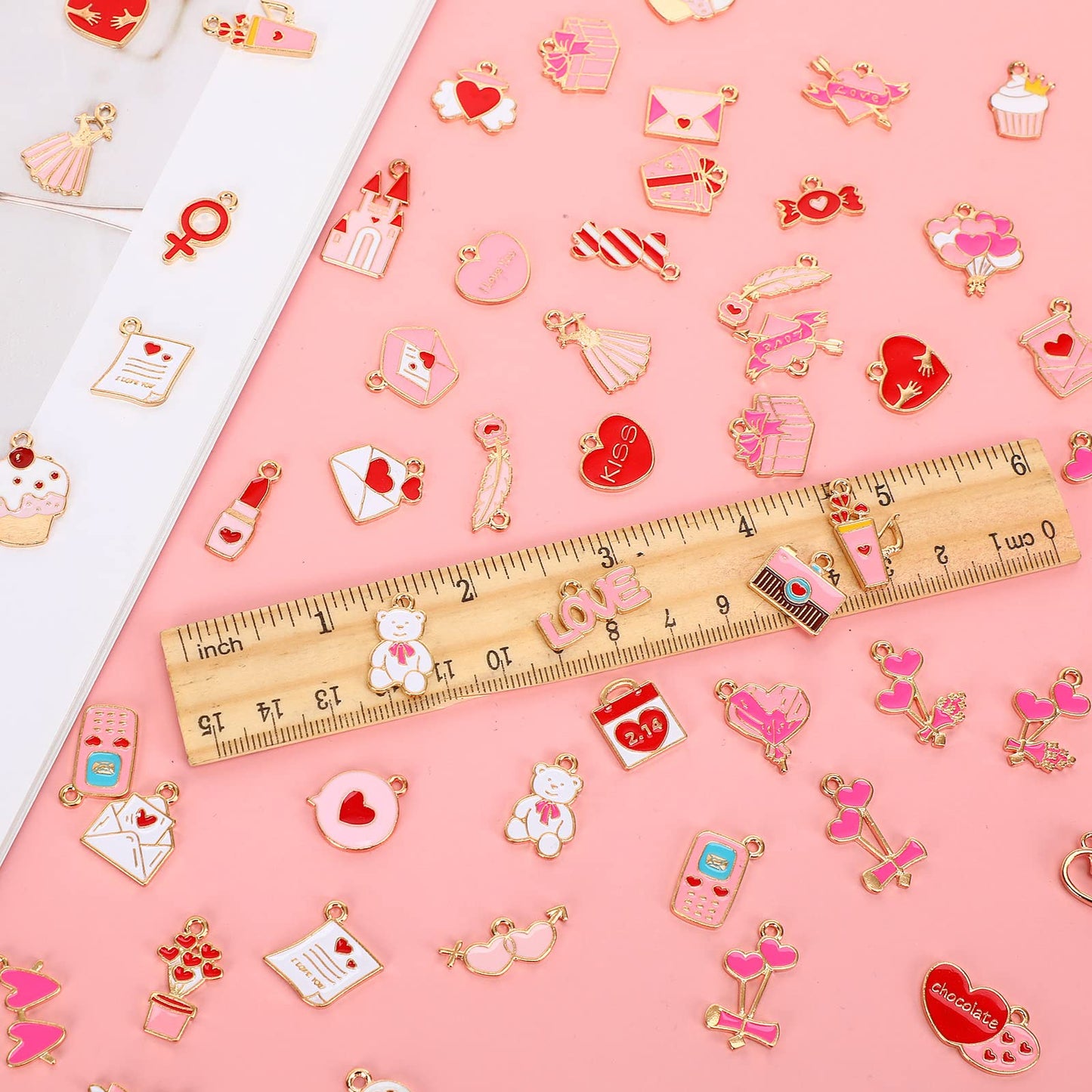 SANNIX 110Pcs Valentine's Day Charms Gold Enamel Jewelry Making Charm Pink Pendants for Valentines Bracelet Necklace Earrings Making