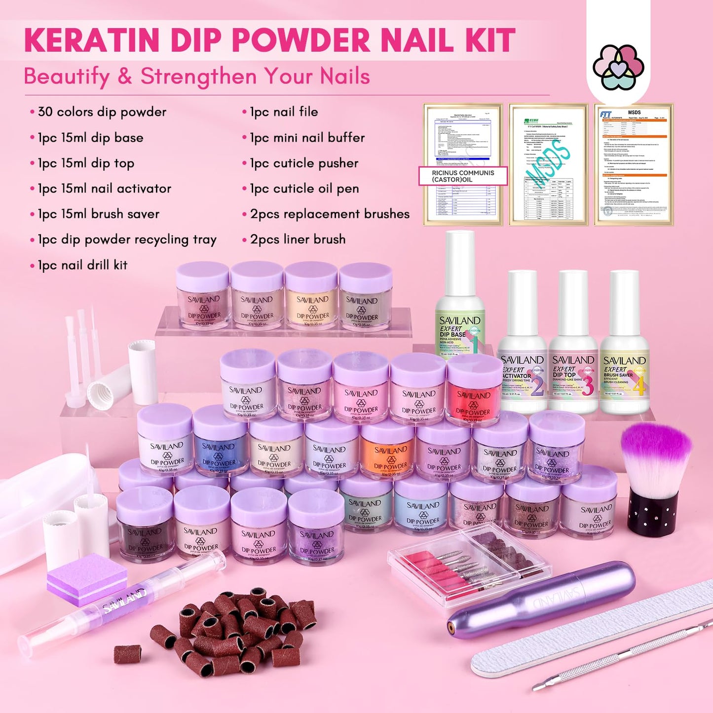 SAVILAND Dip Powder Nail Kit with Drill: Starter Set 30 Colors Summer Spring Keratin Dip Nails Powder with Dipping Liquid Set Activator Base Top Coat Cuticle Oil for DIY Manicure Art Women Gift
