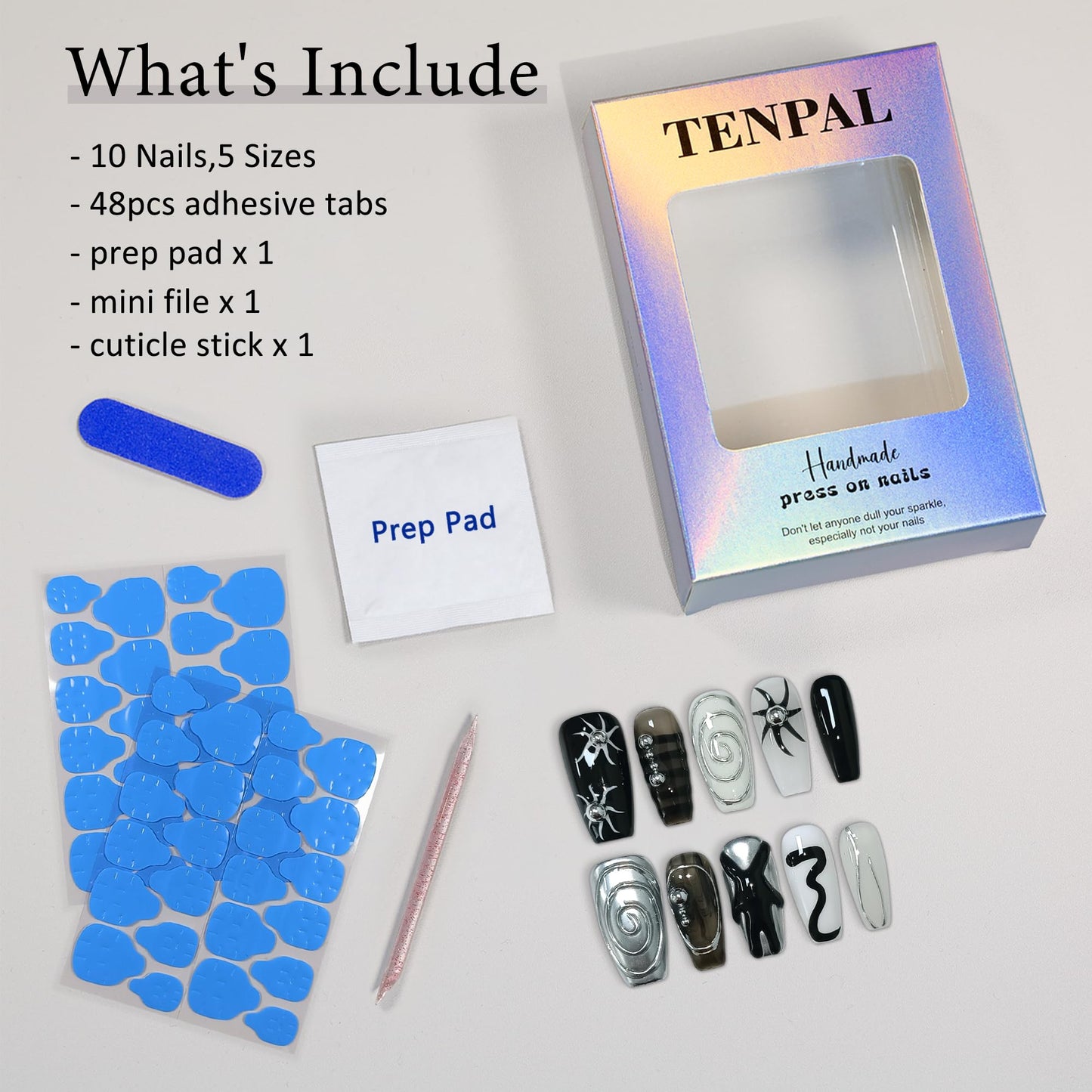 TENPAL Dark Silver Gothic Press on Nails Long Coffin Shape 3D Embossed Sun Design Fake Nails Hand Painted Art for Women Fall Winter Ins Style(XS)