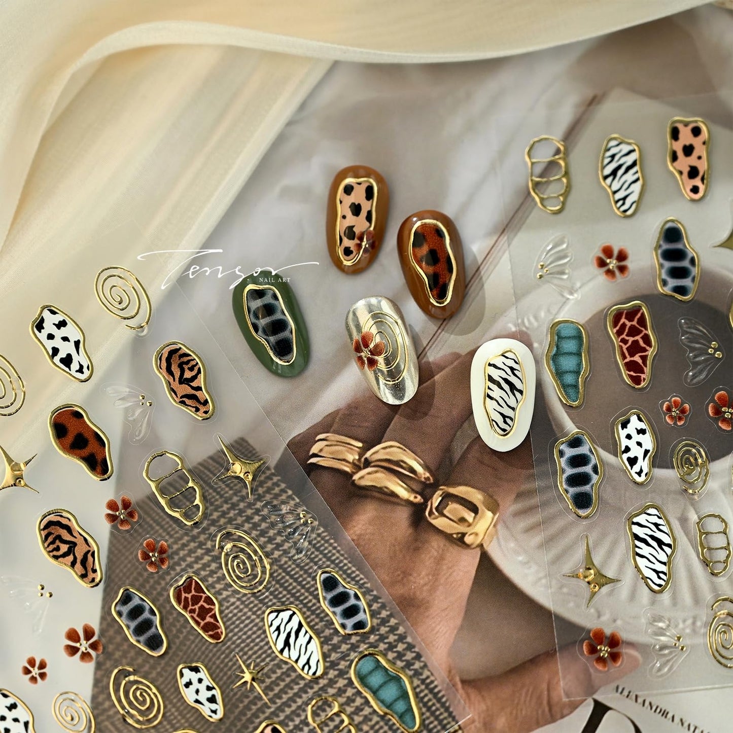 Leopard Nail Art Stickers 5D Embossed Irregular Geometric Nail Decals Gold Nail Stickers for Nail Art Brown Leopard Nail Design Charms Decoration Accessories for Women and Girls