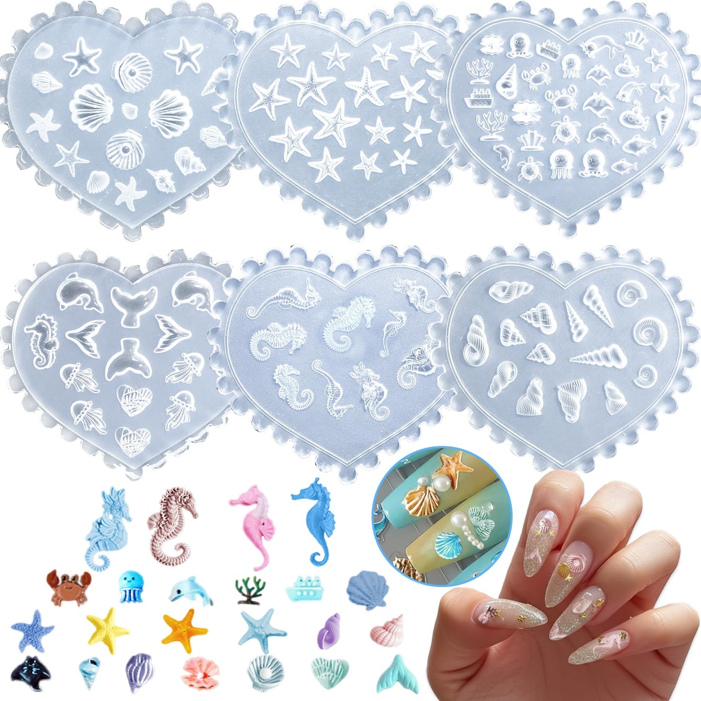 3D Silicone Nail Molds, 6Pcs Ocean Nail Art Molds Art Nail Silicone Mold with 103 Sea Charm Starfish Resin Seahorse Template Mould for Women Holiday Beach Nail Charms Accessories