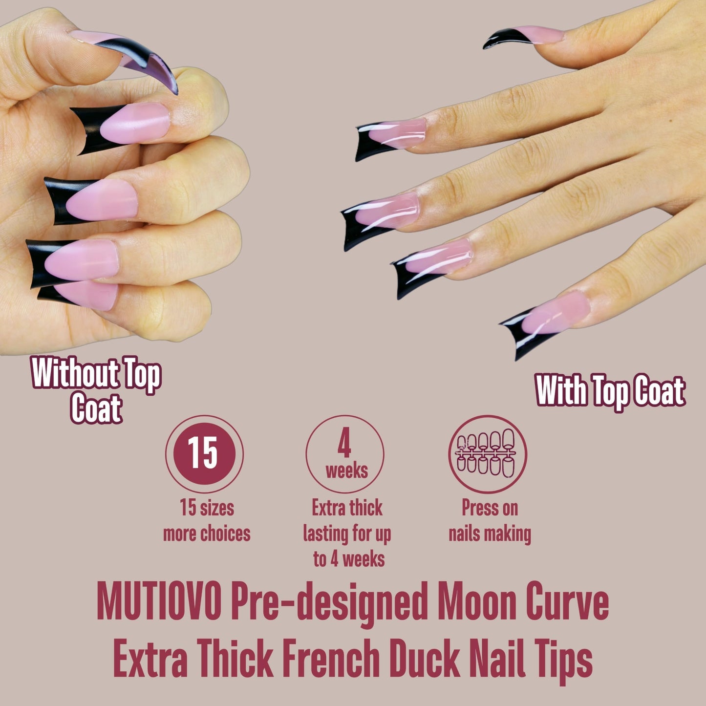 MUTIOVO Black French Tip Duck Feet Nail Tips Full Cover for Press on Acrylic with Moon Curve, BERRY PINK Extra Thick Medim Long, Flare Wide Soft Gel Fake False Nail Extension x 15 Sizes 150 pcs