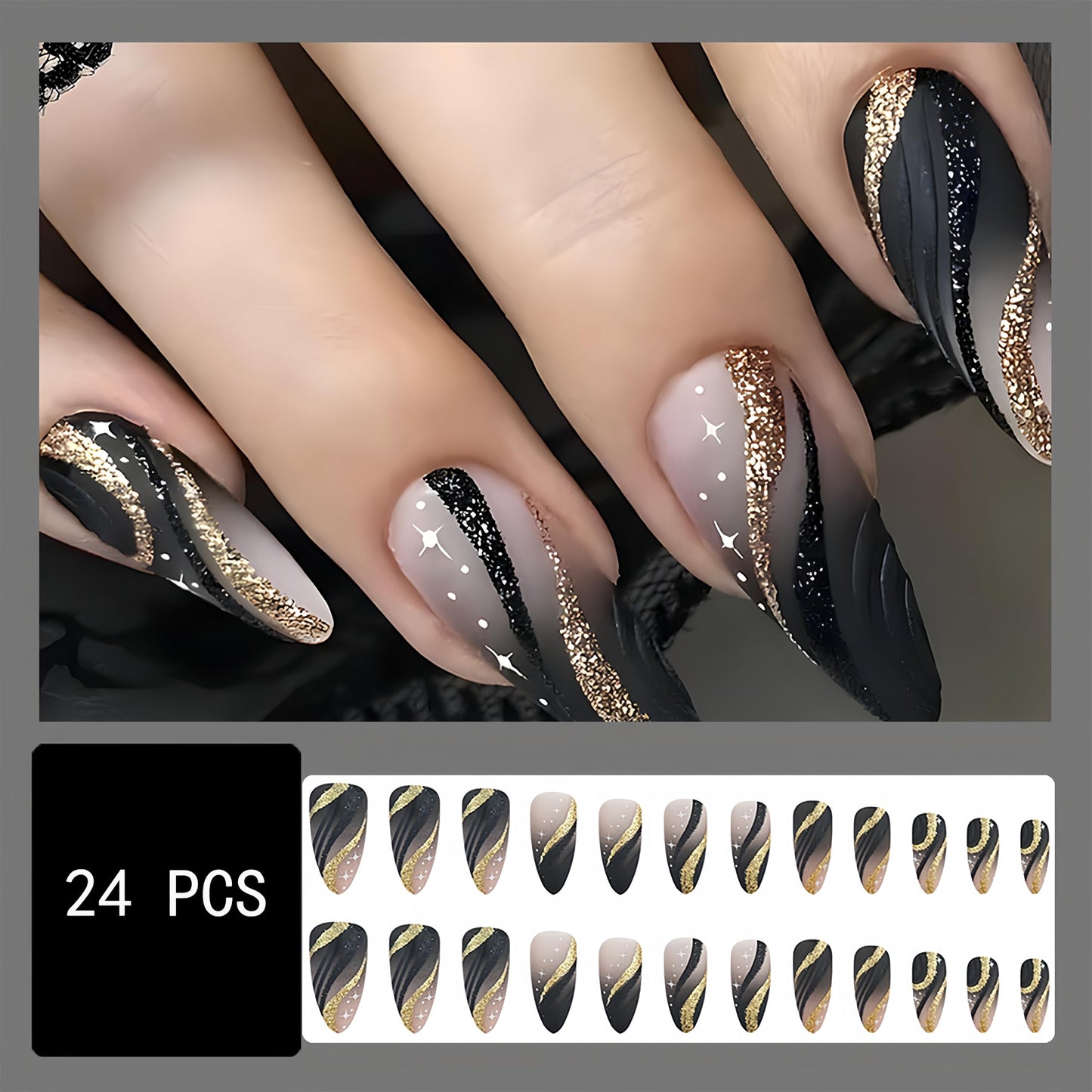 24pcs Black Gold Wire Almond Press Nails Medium Length Gold Foil Glitter Full Cover False Nail Designs for Women Girls Acrylic Nail Art Decoration
