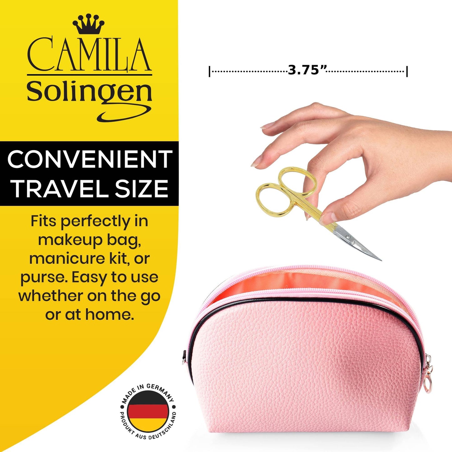 Camila Solingen CS05 Professional Nail Cuticle Scissors, Hypoallergenic Gold Plated Sharp Curved Manicure Pedicure Grooming for Finger and Toe Nail Care. Made of Carbon Steel in Solingen, Germany