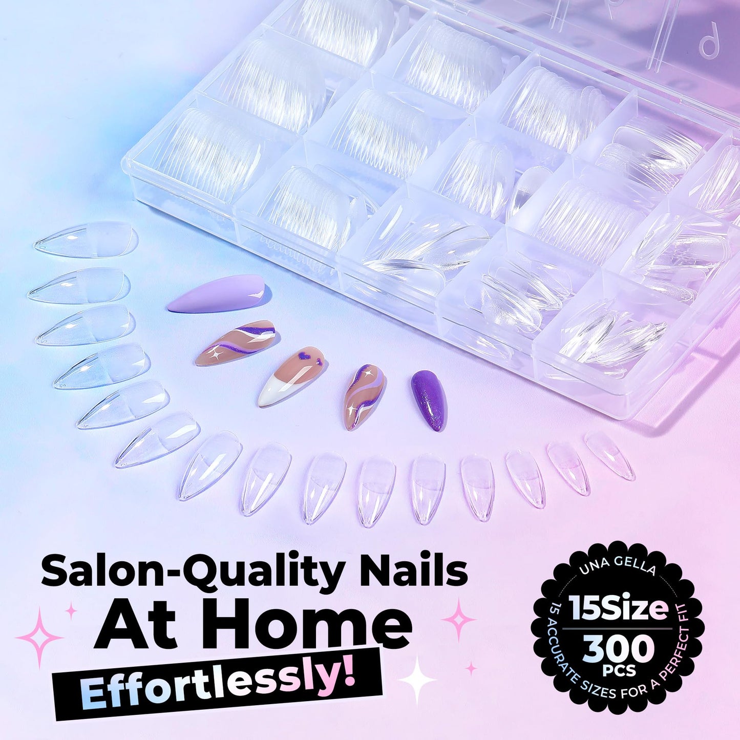 UNA GELLA Stiletto Gel Nail Tips Medium 15 Sizes 300PCS Pre-Etched Clear Acrylic Nail Tips Easy DIY Salon Stiletto Almond Press On Nails Snug Fit Full False Fake Tips Extensions Long-Lasting Hold