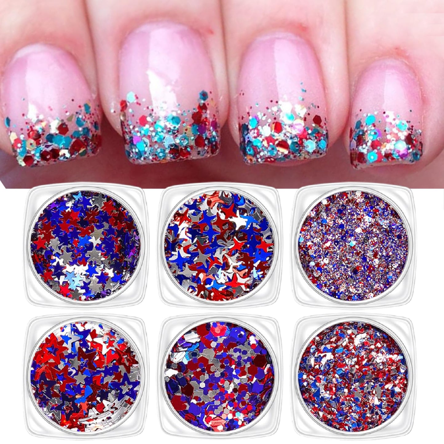 Independence Day Star Nail Glitter July 4th Nail Art Sequins Holographic Patriotic Red Blue Silver Mix Hollow Star for Women Girls Face Body Nail Art Decoration 6 Boxes