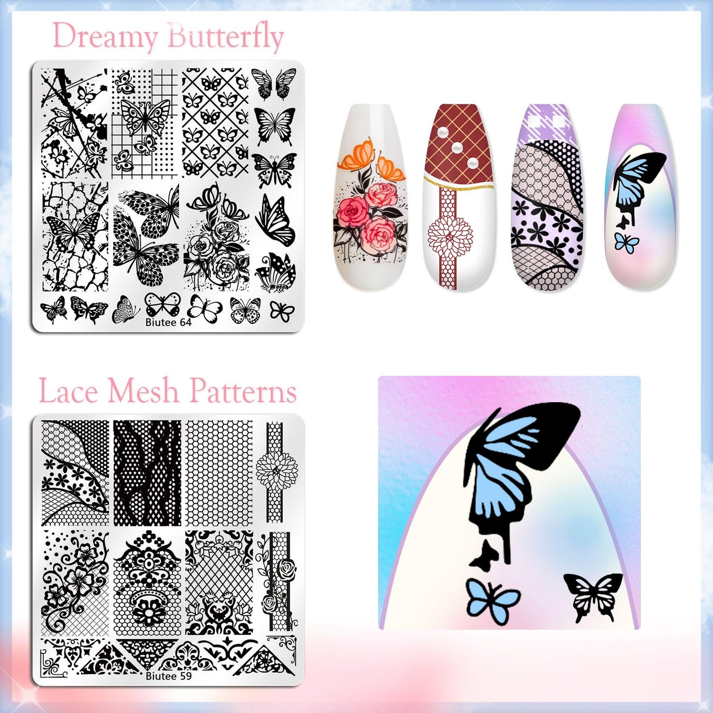 Biutee Nail Stamping Kit with 16 Nail Stamping Plates, Clear Jelly Nail Stamper, 2 Scrapers & Storage Bag, Nail Art Stamping Plate Set with Floral Geometric Beach Designs for DIY Manicure