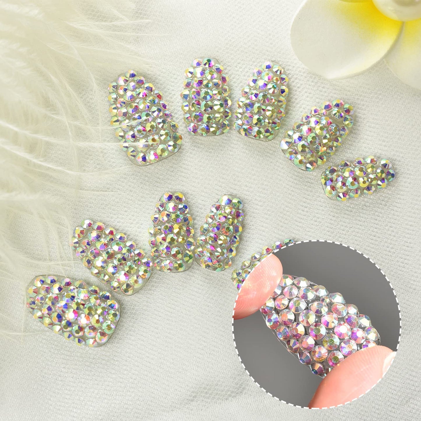 Elevenail Handmade 24pcs Full 3D Rhinestone Press on False Nails Medium length Coffin Fake Nails Salon DIY Manicure Reusable Acrylic Shiny Crystal Nail Art Tips Gift for Women Girls