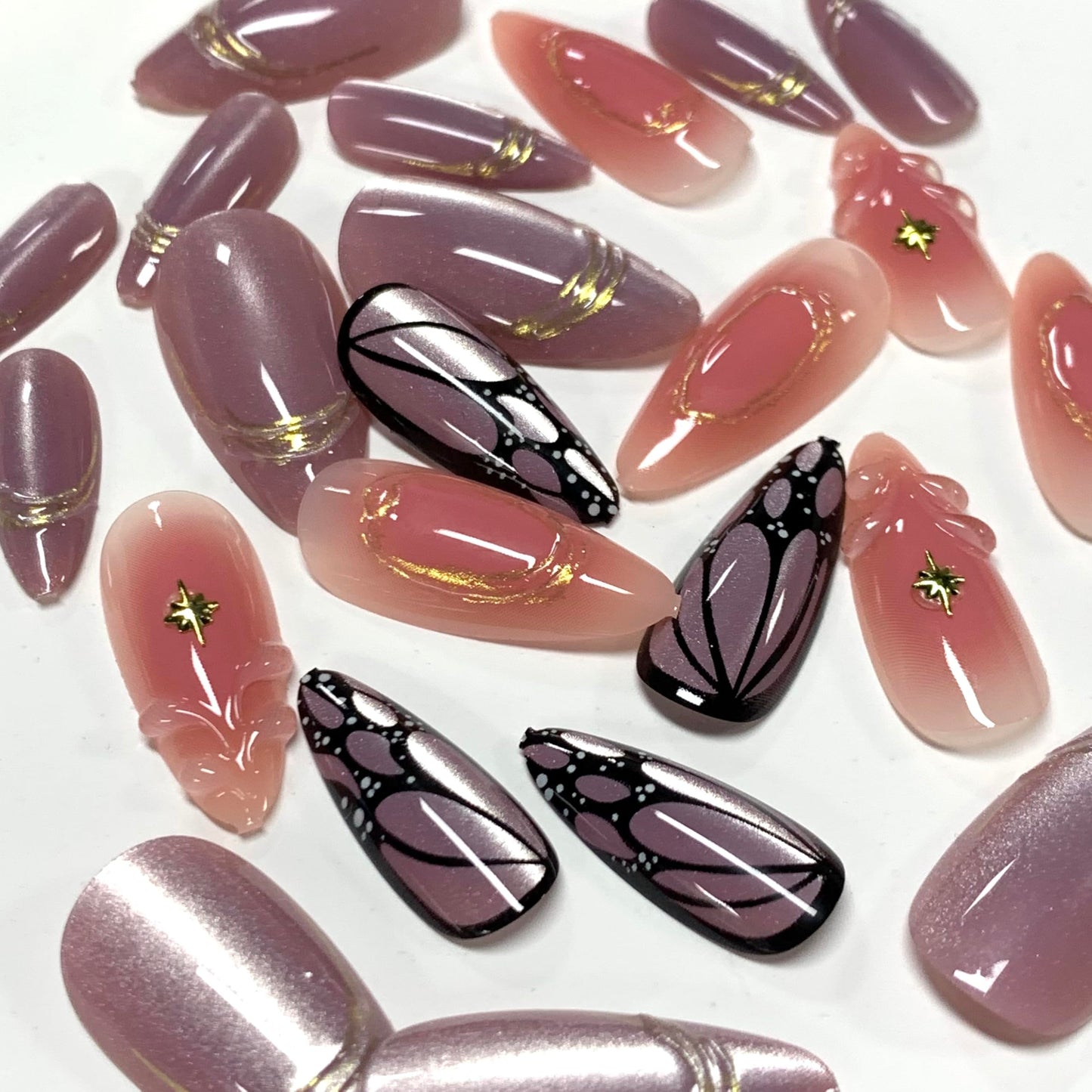 BABALAL Press On Nails, Medium Almond Fake Nails, Pink Purple Cat Eye Ombre With Gold Star & Butterfly, Y2k Summer Bling Shiny Full Cover Glue On Nails 24Pcs